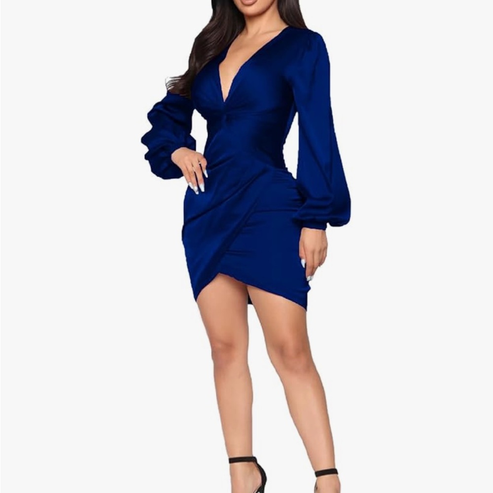 Blue Bodycon Dress with Plunge Neckline and Bishop Sleeves